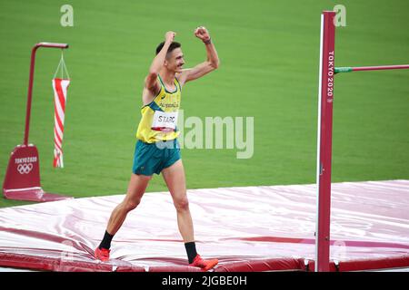 01 août 2021 - Tokyo, Japon : le Starc de Brandon, d'Australie, en action lors de la finale du saut-en-haut masculin aux Jeux Olympiques de Tokyo en 2020 (photo : Mickae Banque D'Images