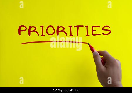 Texte des priorités sur fond jaune avec main. Concept des priorités Banque D'Images