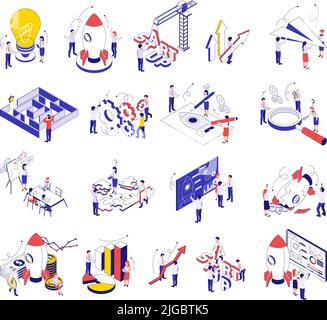 Démarrage d'entreprise ensemble isométrique de dollars banknote piles lumière luminante ampoule loupe raquette démarrage icônes isolées illustration vectorielle Illustration de Vecteur