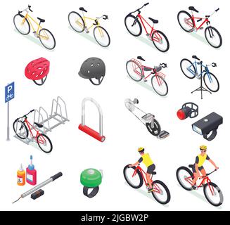 Vélo isométrique ensemble d'icônes isolées de vélos de différents modèles casques lubrifiants et illustration vectorielle de l'installation de stationnement Illustration de Vecteur