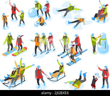 Hiver amusant isométriques icônes ensemble avec ski traîneau snowboard bâtiment bonhomme de neige faisant des anges de neige vecteur isolé illustration Illustration de Vecteur