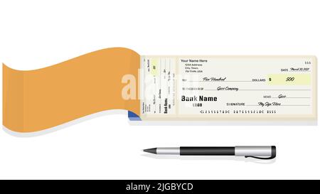 Vérifiez le livre en jaune et en bleu avec un stylo noir sur fond blanc Banque D'Images