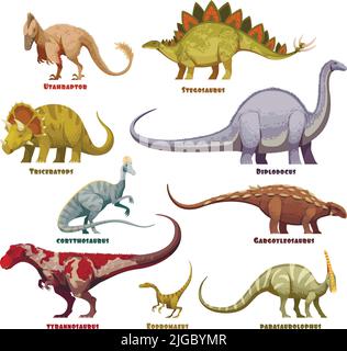 Ensemble de dessins animés de couleur dinosaures avec description de texte isolée sur une illustration vectorielle d'arrière-plan blanche Illustration de Vecteur