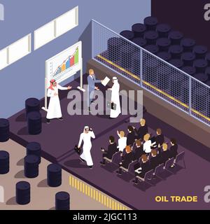 Musulmans arabes saudi composition isométrique moderne avec vue intérieure de l'entrepôt de pétrole avec des personnes en négociation illustration vectorielle Illustration de Vecteur
