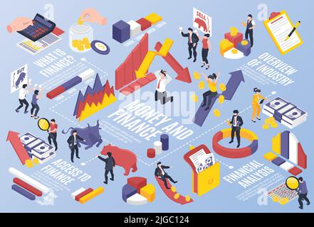 Diagramme horizontal isométrique de finances et d'argent avec 3D caractères humains symboles financiers éléments d'infographie sur fond bleu vecteur illustrateur Illustration de Vecteur