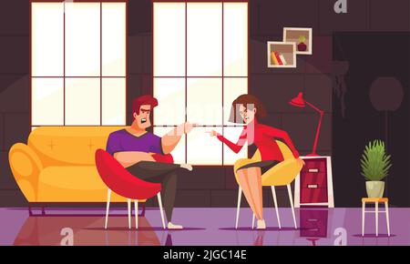 Composition de personnes conflictuelles avec décor intérieur intérieur et personnage de dessin animé de l'homme assis arguant avec l'illustration de vecteur de femme Illustration de Vecteur