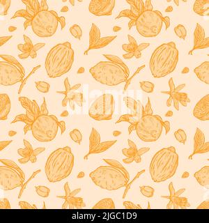 Gravure de citrons sans couture. Arrière-plan vintage avec citron entier, tranché, demi, feuille, fleurs et graines de style dessiné à la main. Texte à motif agrumes Illustration de Vecteur