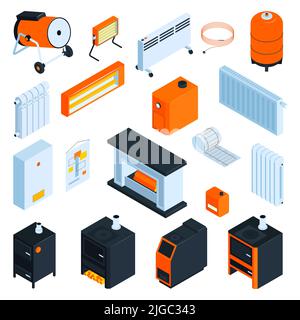 Système de chauffage et kit de chaudière avec convecteur et illustration du vecteur isolé isométrique du radiateur Illustration de Vecteur