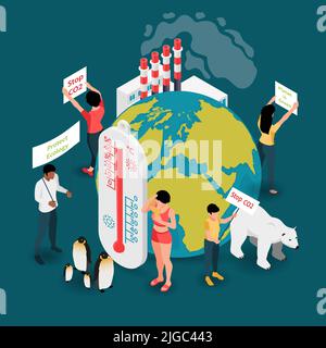 Composition isométrique du réchauffement climatique avec vue du globe terrestre entourée de militants humains et illustration de vecteurs d'animaux polaires Illustration de Vecteur