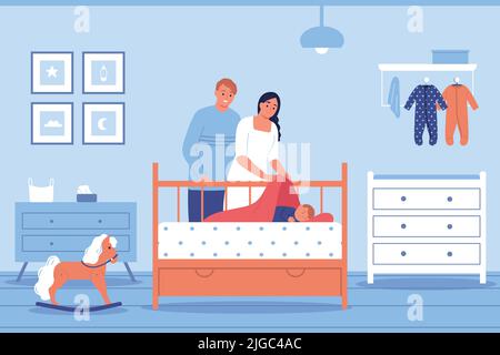 Des parents heureux mettant bébé à dormir dans la chambre de bébé illustration vectorielle plate Illustration de Vecteur