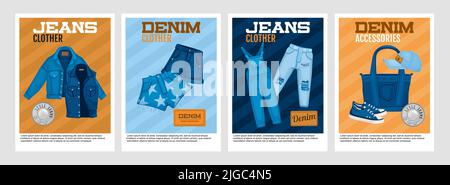 Ensemble de quatre affiches verticales pour jeans en denim avec texte modifiable et images de vêtements et d'accessoires Illustration de Vecteur