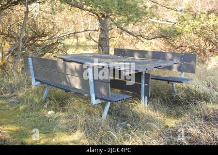 Banc public. Encore la vie d'un banc public et d'une table dans une forêt par un jour ensoleillé. Banque D'Images