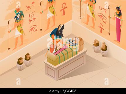 La composition isométrique de l'Égypte a démontré le processus de momification avec anubis et pharaoh sarcophage à l'histoire mur peinture vecteur de fond illustrae Illustration de Vecteur