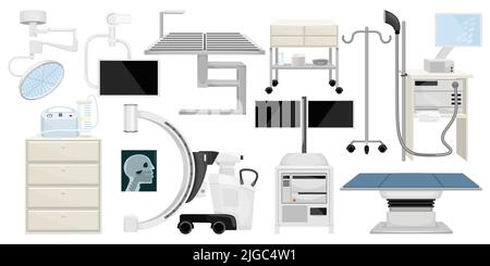 Equipement de salle d'opération médicale jeu de poumons ventilateur machine d'anesthésie surveillance de la fréquence cardiaque table chirurgicale Illustration de Vecteur