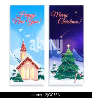 Ensemble de deux banderoles verticales maisons de noël avec des décorations de la nouvelle année de paysages d'hiver et illustration vectorielle de texte ornée Illustration de Vecteur