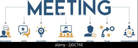 Illustration vectorielle de l'icône Web de la bannière de la réunion pour les réunions d'affaires et les discussions avec des communications, des sujets, des solutions, des plans, des informations et des vidéos Illustration de Vecteur