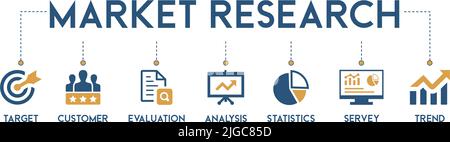 Bannière étude de marché Vector Illustration icône avec cible, client, évaluation, analyse, statistiques, enquête et tendance. Illustration de Vecteur