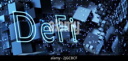 La finance décentralisée par defi sur un contexte technologique abstrait fait de cubes métalliques. Concept de blockchain, système financier décentralisé. 3d Banque D'Images