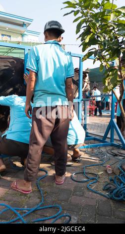 Portrait des personnes préparant des outils d'abattage d'animaux sacrificiels pendant Eid al-Adha Banque D'Images