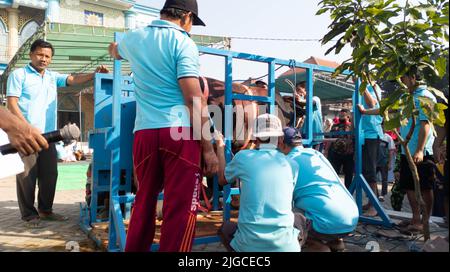 Portrait des personnes préparant des outils d'abattage d'animaux sacrificiels pendant Eid al-Adha Banque D'Images