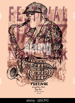 Saxophoniste de jazz à New York, affiche - illustration vectorielle (idéal pour l'impression, l'affiche ou le papier peint, la décoration de maison) Illustration de Vecteur