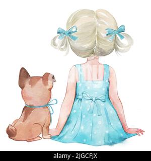 Illustration aquarelle de la jolie fille blonde assise avec un petit chiot. Chien et enfant. Vue arrière Banque D'Images