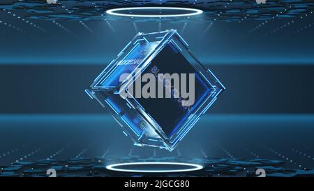 Technologie blockchain avec arrière-plan abstrait. Inscription blockchain sur cube technologique abstrait. 3d rendu. Banque D'Images