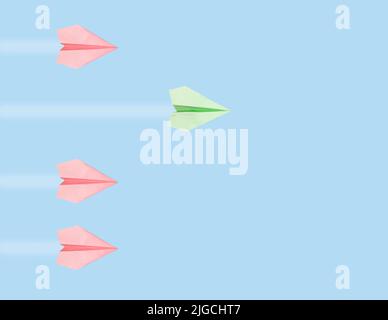 Un excellent avion d'origami vert volant devant des roses sur fond bleu ciel. Leadership, concept de créativité. Victoire en compétition. Photo de haute qualité Banque D'Images