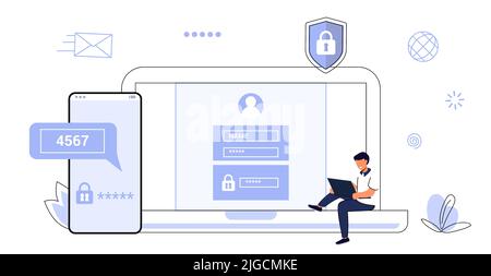 2FA authentification à deux facteurs mot de passe avis sécurisé code de vérification de connexion Avis avec code pour signer en deux étapes vérification de facteur via ordinateur portable et Illustration de Vecteur