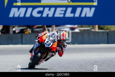 09 juillet 2022 Monterey, CA, États-Unis Danilo Petrucci(9)sortir du virage 11 pendant les Geico MotoAmerica Superbike Q2, à WeatherTech Laguna Seca Monterey, CA Thurman James/CSM Banque D'Images