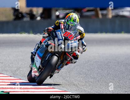 09 juillet 2022 Monterey, CA, États-Unis Hector Barbera(80)sortir du virage 11 pendant les Geico MotoAmerica Superbike Q2, à WeatherTech Laguna Seca Monterey, CA Thurman James/CSM Banque D'Images