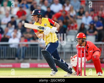 8th juillet 2022, Old Trafford, Manchester, Angleterre : Critiviality Blast T20 cricket, Lancashire Lightning versus Essex Eagles : Dan Lawrence d'Essex Eagles Banque D'Images