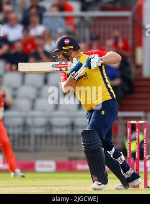 8th juillet 2022, Old Trafford, Manchester, Angleterre : Critiviality Blast T20 cricket, Lancashire Lightning versus Essex Eagles: Adam Rossington de Essex Eagles. Banque D'Images