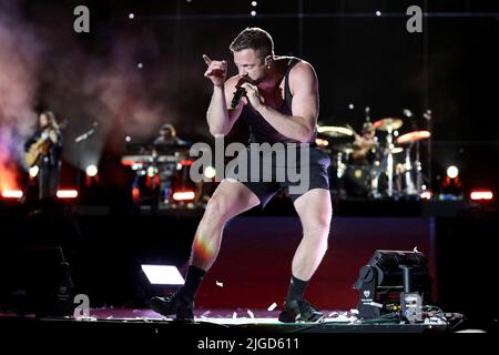 9 juillet 2022, Lisbonne, Portugal : Dan Reynolds chanteur du groupe américain imagine Dragons se produit au cours du quatrième jour du festival de musique nos Alive 2022 à Lisbonne, au Portugal, sur 9 juillet 2022. (Image de crédit : © Pedro Fiuza/ZUMA Press Wire) Banque D'Images