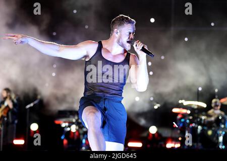 9 juillet 2022, Lisbonne, Portugal : Dan Reynolds chanteur du groupe américain imagine Dragons se produit au cours du quatrième jour du festival de musique nos Alive 2022 à Lisbonne, au Portugal, sur 9 juillet 2022. (Image de crédit : © Pedro Fiuza/ZUMA Press Wire) Banque D'Images