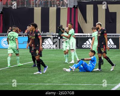 Atlanta, Géorgie, États-Unis. 9th juillet 2022. Le FC d'Austin célèbre un premier demi-but lors d'un match de football de ligue majeure entre le FC d'Atlanta United et le FC d'Austin sur 9 juillet 2022 à Atlanta, en Géorgie. Austin a gagné 3-0. (Credit image: © Scott Coleman/ZUMA Press Wire) Credit: ZUMA Press, Inc./Alamy Live News Banque D'Images