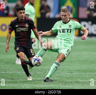 Atlanta, Géorgie, États-Unis. 9th juillet 2022. Le Midfielder Alexander Ring d'Austin FC (8) passe le ballon lors d'un match de football de ligue majeure entre Atlanta United et Austin FC sur 9 juillet 2022 à Atlanta, en Géorgie. Austin a gagné 3-0. (Credit image: © Scott Coleman/ZUMA Press Wire) Credit: ZUMA Press, Inc./Alamy Live News Banque D'Images