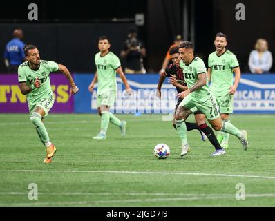 Atlanta, Géorgie, États-Unis. 9th juillet 2022. Le joueur du FC Austin Sebastián Driussi (7) déplace le ballon lors d'un match de football de grande ligue entre Atlanta United et le FC Austin sur 9 juillet 2022 à Atlanta, en Géorgie. Austin a gagné 3-0. (Credit image: © Scott Coleman/ZUMA Press Wire) Credit: ZUMA Press, Inc./Alamy Live News Banque D'Images