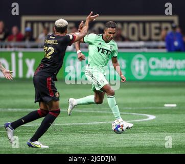 Atlanta, Géorgie, États-Unis. 9th juillet 2022. Austin FC avance Danny Hoesen (9) déplace le ballon lors d'un match de football de ligue majeure entre Atlanta United et Austin FC sur 9 juillet 2022 à Atlanta, Géorgie. Austin a gagné 3-0. (Credit image: © Scott Coleman/ZUMA Press Wire) Credit: ZUMA Press, Inc./Alamy Live News Banque D'Images