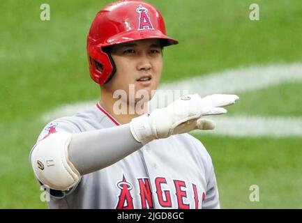 Baltimore, États-Unis. 09th juillet 2022. BALTIMORE, MD - JUILLET 09 : le pichet de départ des Anges de Los Angeles Shohei Ohtani (17) à l'assiette lors d'un match de MLB entre les Orioles de Baltimore et les Anges de Los Angeles, sur 09 juillet 2022, au parc Orioles à Camden yards, à Baltimore, Maryland. (Photo de Tony Quinn/SipaUSA) crédit: SIPA USA/Alay Live News Banque D'Images