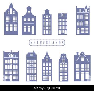 Silhouette d'une rangée de maisons d'Amsterdam. Façades de vieux bâtiments européens décoration. Les maisons de Hollande. Vecteur défini pour la coupe au laser Illustration de Vecteur