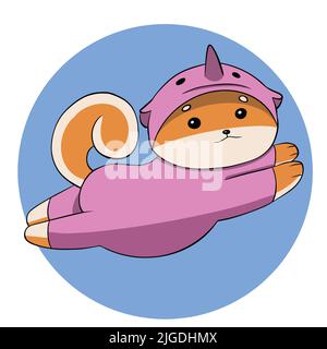 Le super-héros de Shiba dans un costume de licorne vole pour sauver des gens Illustration de Vecteur