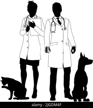 Homme et femme vétérinaires chien et chat animaux Silhouette Illustration de Vecteur