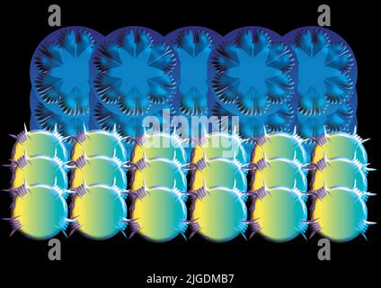 Illustration de formes de petits cercles liés sous des cercles ronds avec des étoiles sur fond noir Banque D'Images