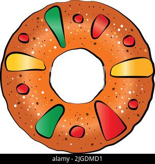 Roi gâteau de l'illustration vectorielle haute en couleur. Roscon de reyes, rosca reyes, bolo rei. Gâteau de Noël. Illustration de Vecteur