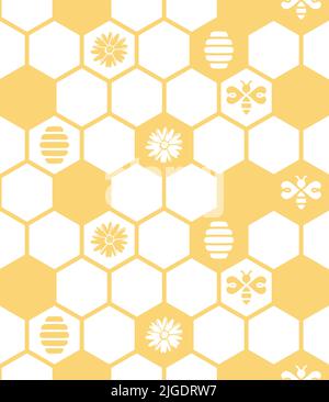 Motif sans couture en nid d'abeille vectoriel. Miel avec fleurs, ruche, abeille. Illustration de Vecteur