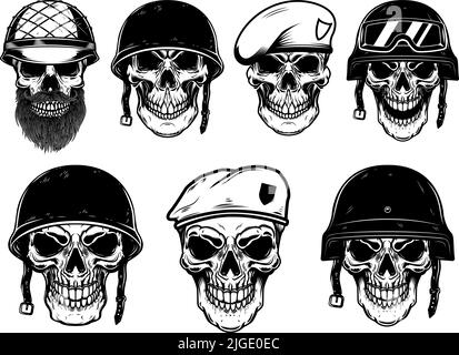 Crâne de soldat dans un casque militaire. Élément de conception pour logo, étiquette, affiche. Illustration vectorielle Illustration de Vecteur