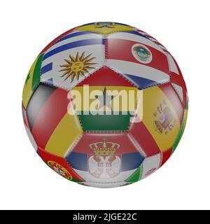 Drapeau du Ghana parmi d'autres drapeaux du monde sur le ballon de football 3D. Isolé sur blanc. Qatar 2022. Rendu Banque D'Images