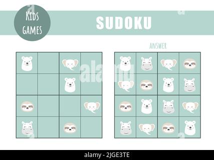 Sudoku pour enfants. Feuille d'activité enfants. Jeu de puzzle avec animaux. Concept d'éducation et de loisirs. Illustration vectorielle de style dessin animé plat Illustration de Vecteur