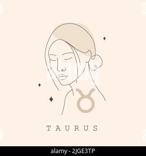 Signe Taurus zodiac. Mise en plan d'une ligne. Icône astrologique avec visage de femme abstrait. Logo mystère et ésotérique. Symbole Horoscope. Vecteur linéaire Illustration de Vecteur